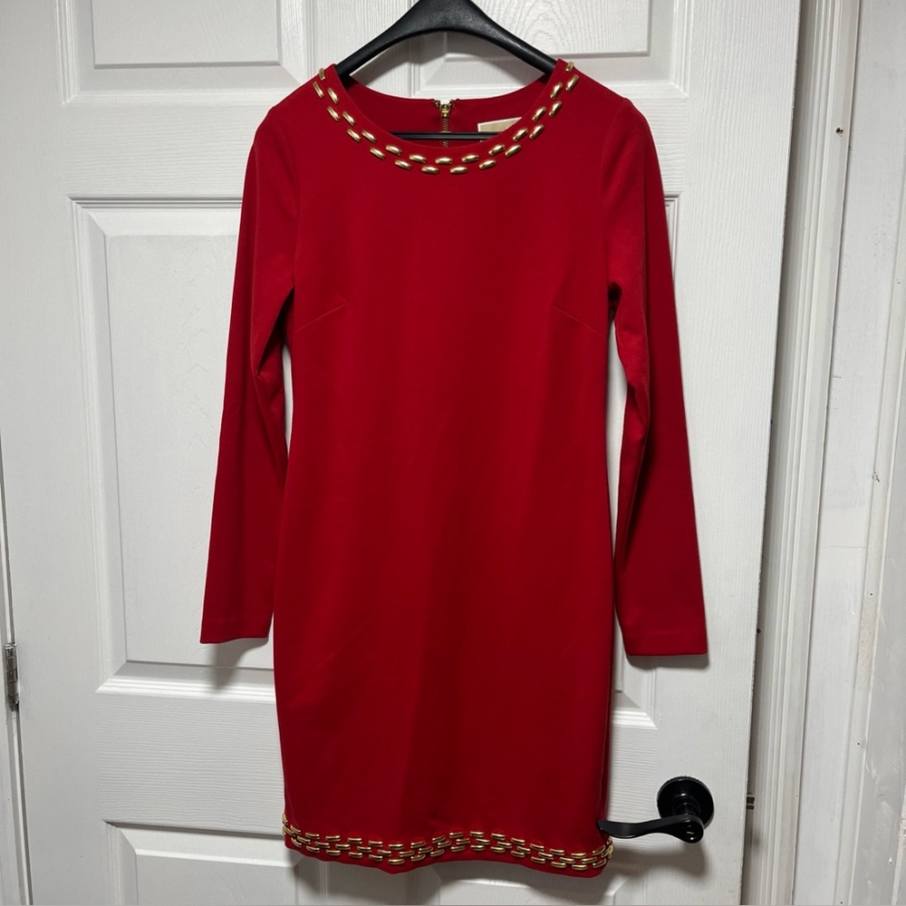 NWT Michael Kors Red Blaze Dress Long Sleeve Gold Studded Details Size 4